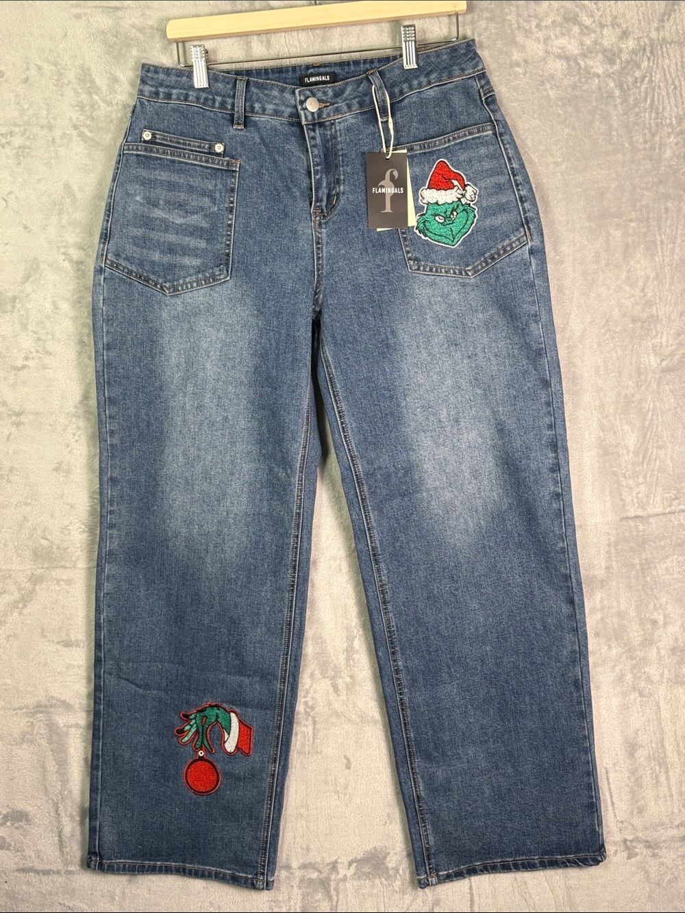 NWT New Flamingals Christmas Grinch Embroidered Wide Leg Jeans Size XL